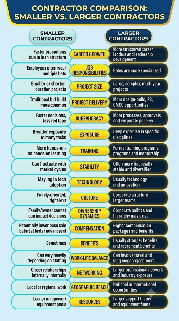 Construction Career Paths Small Company Vs. Large Company graph